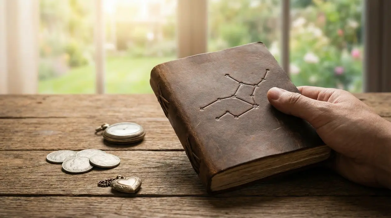 Una mano tiene un vecchio libro con una costellazione incisa sulla copertina, su un tavolo di legno con monete e un orologio tascabile.