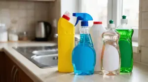 Vari bottiglie di prodotti per la pulizia disposte su un piano cucina vicino al lavandino
