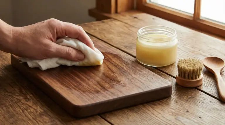 Una mano applica un prodotto naturale su un tagliere in legno con un panno morbido