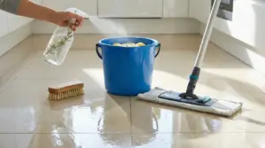 Prodotto naturale spruzzato in un secchio con limoni per pulire il pavimento