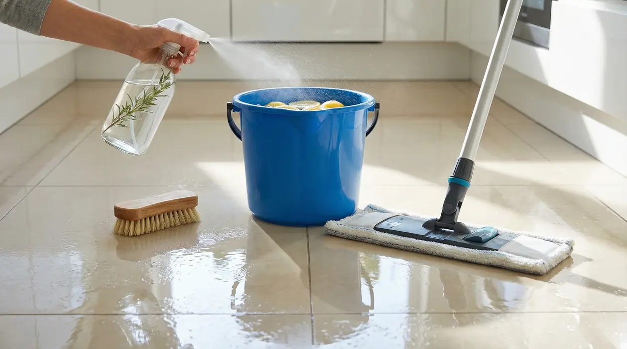 Prodotto naturale spruzzato in un secchio con limoni per pulire il pavimento