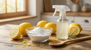 Ciotola di bicarbonato, limoni freschi e spray su un tavolo in cucina