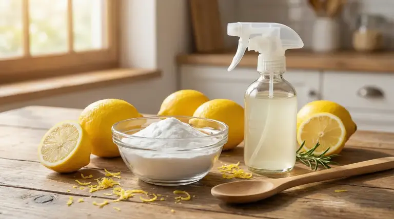 Ciotola di bicarbonato, limoni freschi e spray su un tavolo in cucina