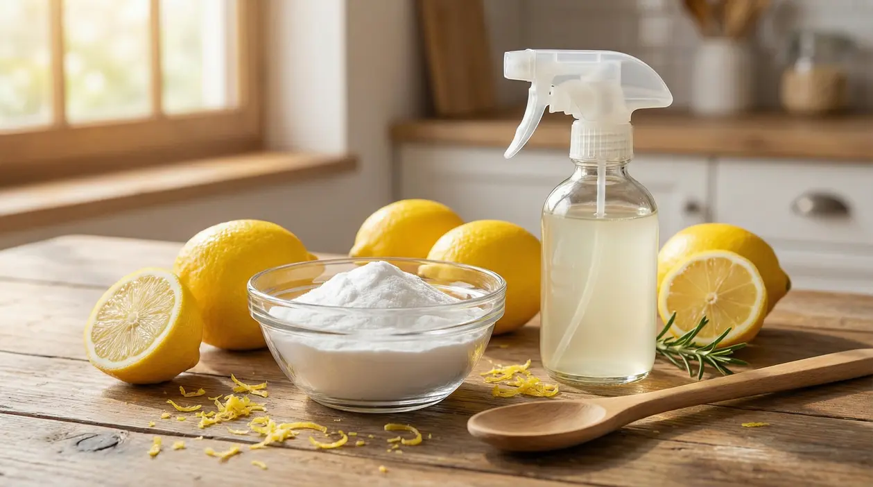 Ciotola di bicarbonato, limoni freschi e spray su un tavolo in cucina