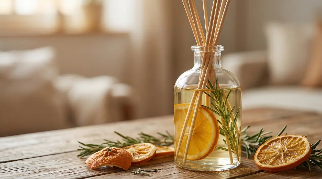 Profumatore fai da te con bastoncini, fette d’arancia essiccate e rosmarino su un tavolo di legno