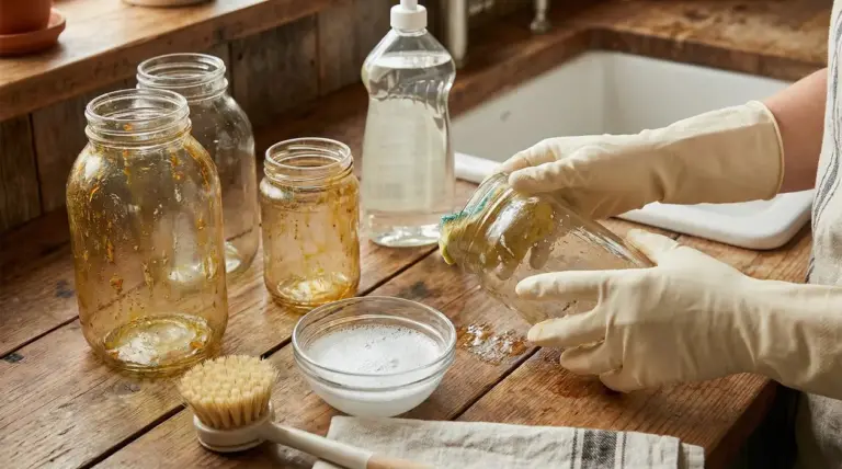 Persona con guanti pulisce barattolo oleoso su un piano di legno con spugna e detersivo