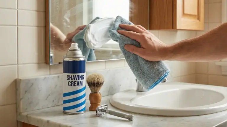 Mano che pulisce uno specchio del bagno con schiuma da barba e panno in microfibra