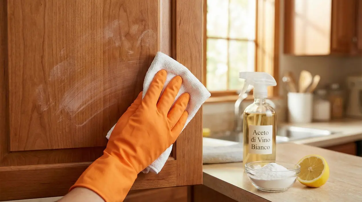 Mano con guanto arancione pulisce un mobile da cucina con un panno bianco