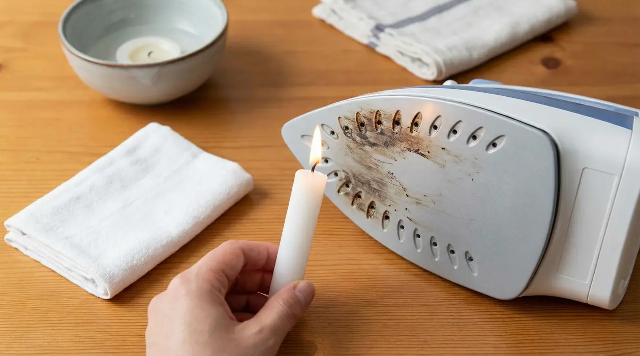 Una mano tiene una candela accesa vicino alla piastra bruciata di un ferro da stiro