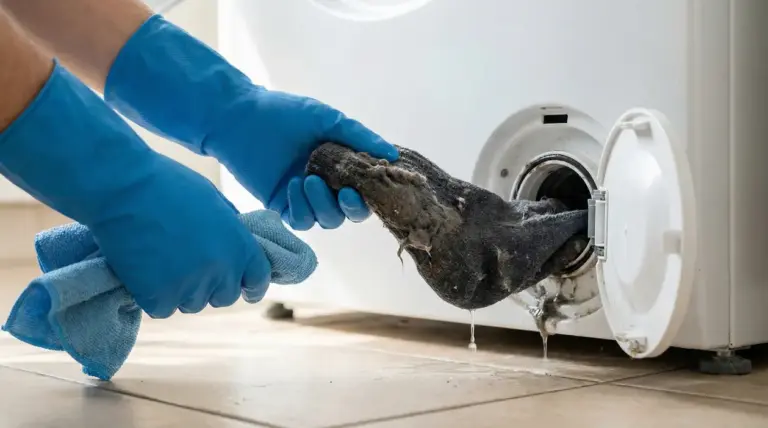 Mani con guanti blu puliscono il filtro della lavatrice usando un calzino