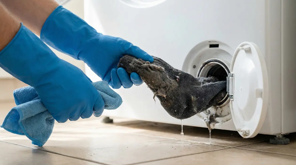 Mani con guanti blu puliscono il filtro della lavatrice usando un calzino