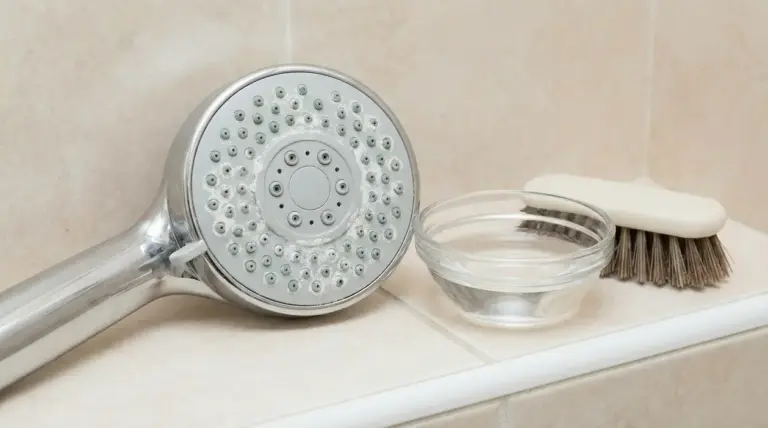 Soffione della doccia con calcare, vicino a una ciotola d'acqua e una spazzola