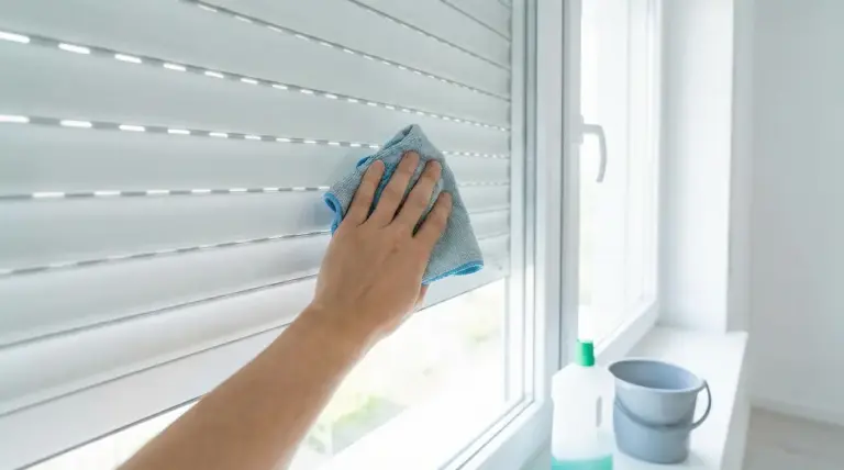 Una mano pulisce una tapparella con un panno in microfibra vicino a una finestra.