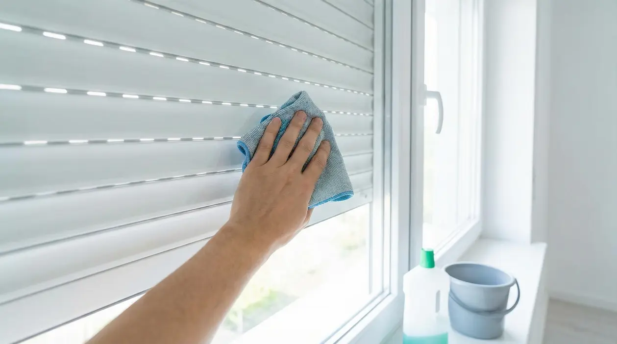 Una mano pulisce una tapparella con un panno in microfibra vicino a una finestra.