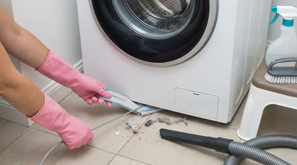 Una persona pulisce sotto una lavatrice usando una bacchetta con panno in microfibra.