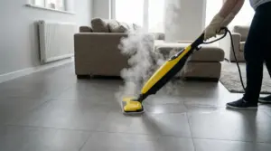 Persona che pulisce il pavimento con una scopa a vapore in un soggiorno moderno
