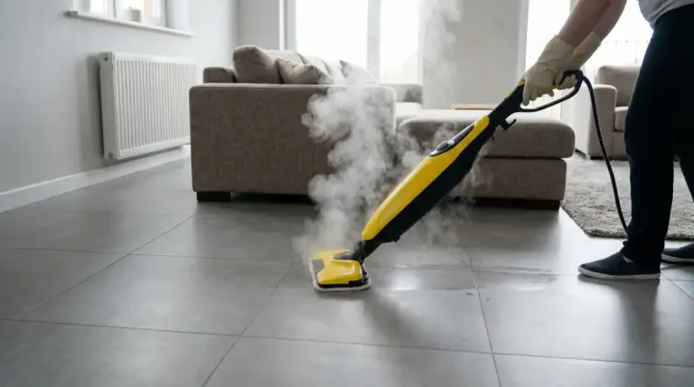 Persona che pulisce il pavimento con una scopa a vapore in un soggiorno moderno