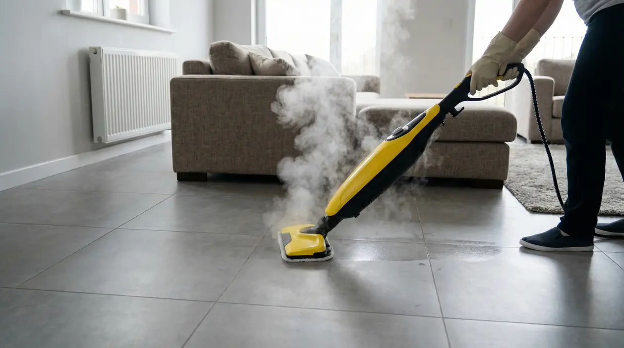 Persona che pulisce il pavimento con una scopa a vapore in un soggiorno moderno