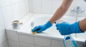 Persona che pulisce una vasca da bagno con guanti, spugna e spray detergente