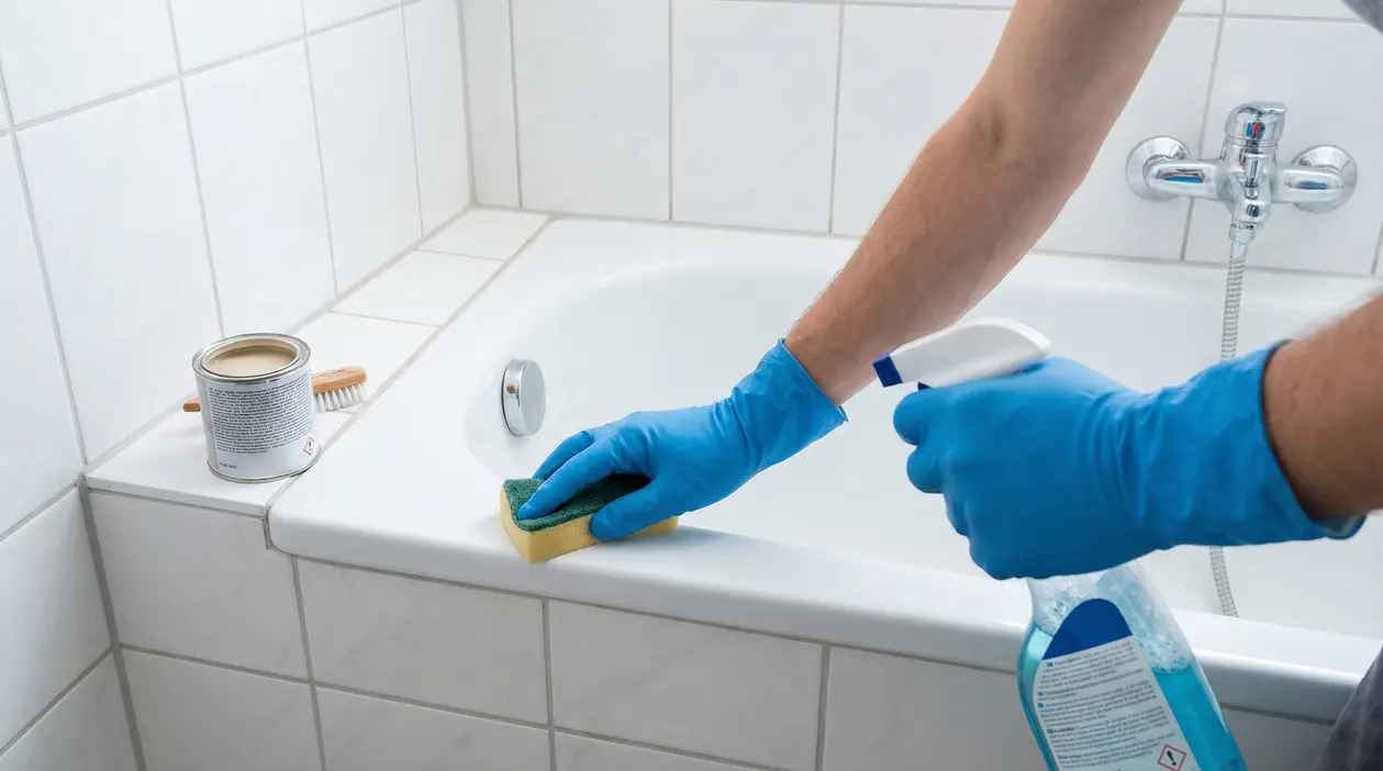 Persona che pulisce una vasca da bagno con guanti, spugna e spray detergente