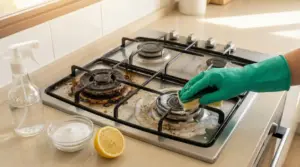 Pulizia dei fuochi di un piano cottura con spugna e ingredienti naturali come limone e bicarbonato