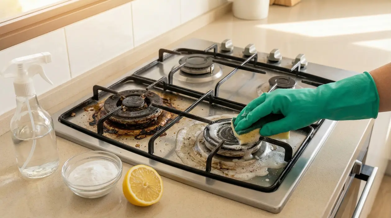 Pulizia dei fuochi di un piano cottura con spugna e ingredienti naturali come limone e bicarbonato
