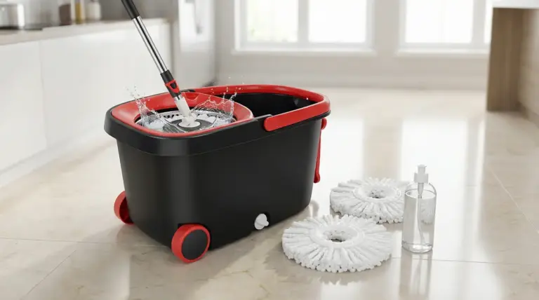 Secchio con sistema rotante per la pulizia dei pavimenti e accessori su piastrelle lucide.