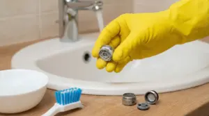 Mano con guanto giallo tiene un filtrino del rubinetto incrostato di calcare sopra un lavandino