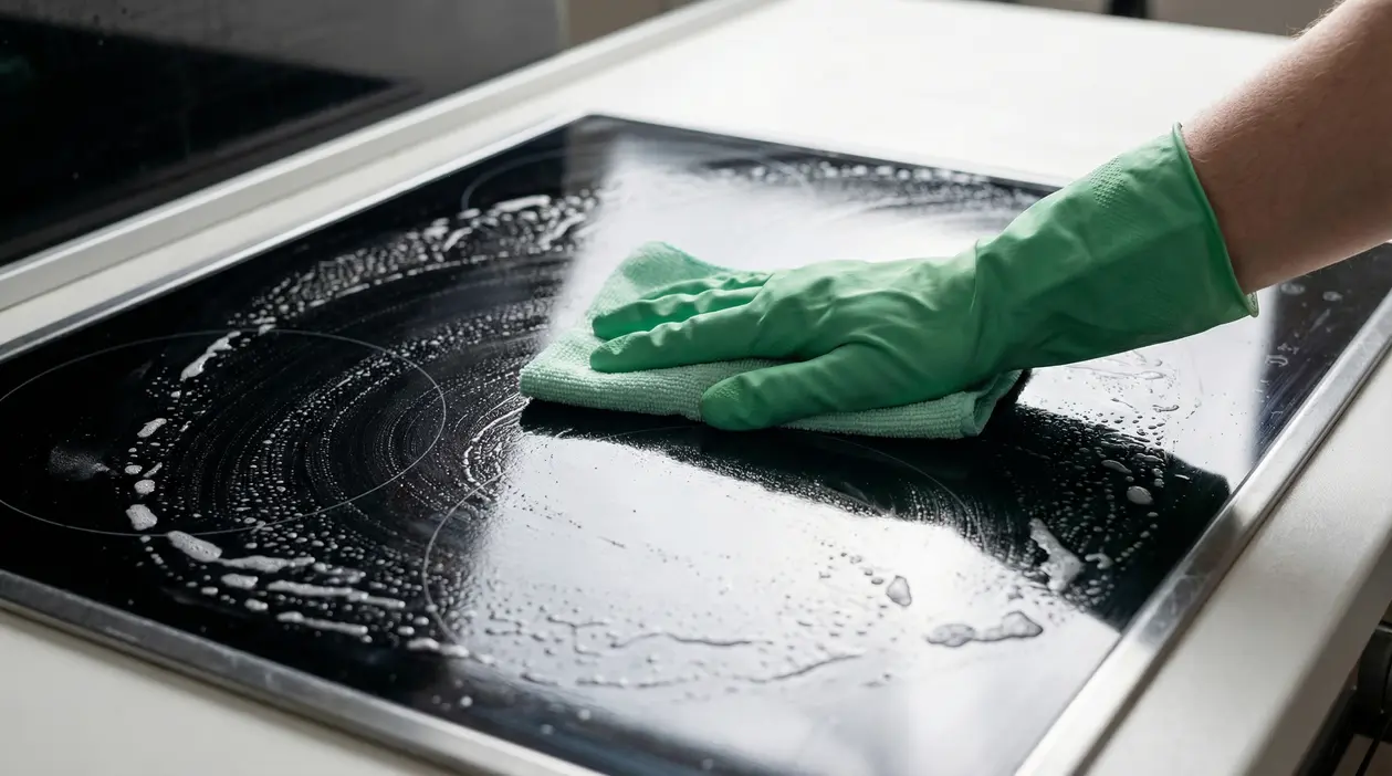 Mano con guanto verde pulisce un piano cottura in vetro con un panno umido