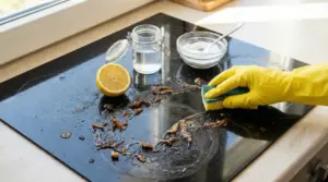 Piano cottura sporco con incrostazioni pulito con spugna, limone, bicarbonato e aceto
