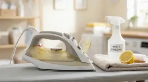 Ferro da stiro con serbatoio sporco accanto a una bottiglia di aceto bianco e mezzo limone