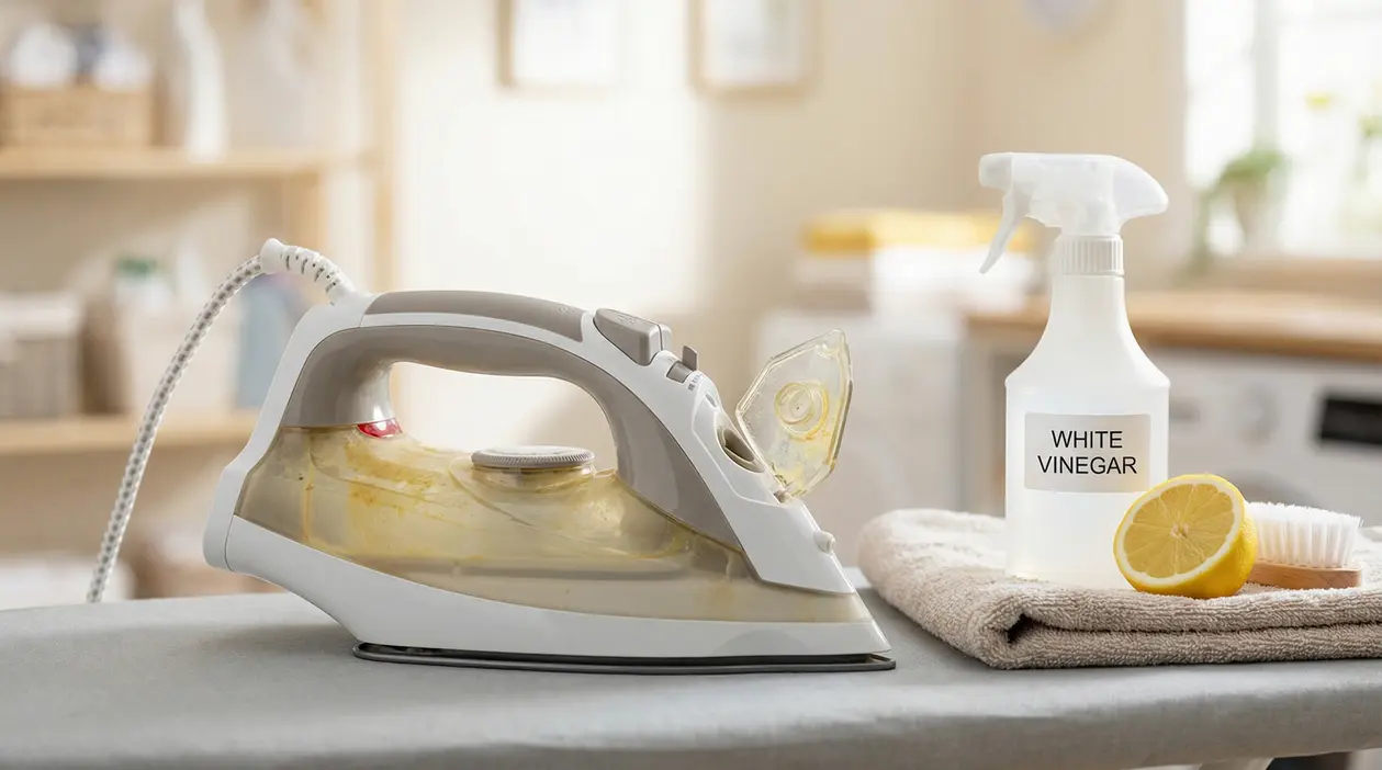 Ferro da stiro con serbatoio sporco accanto a una bottiglia di aceto bianco e mezzo limone