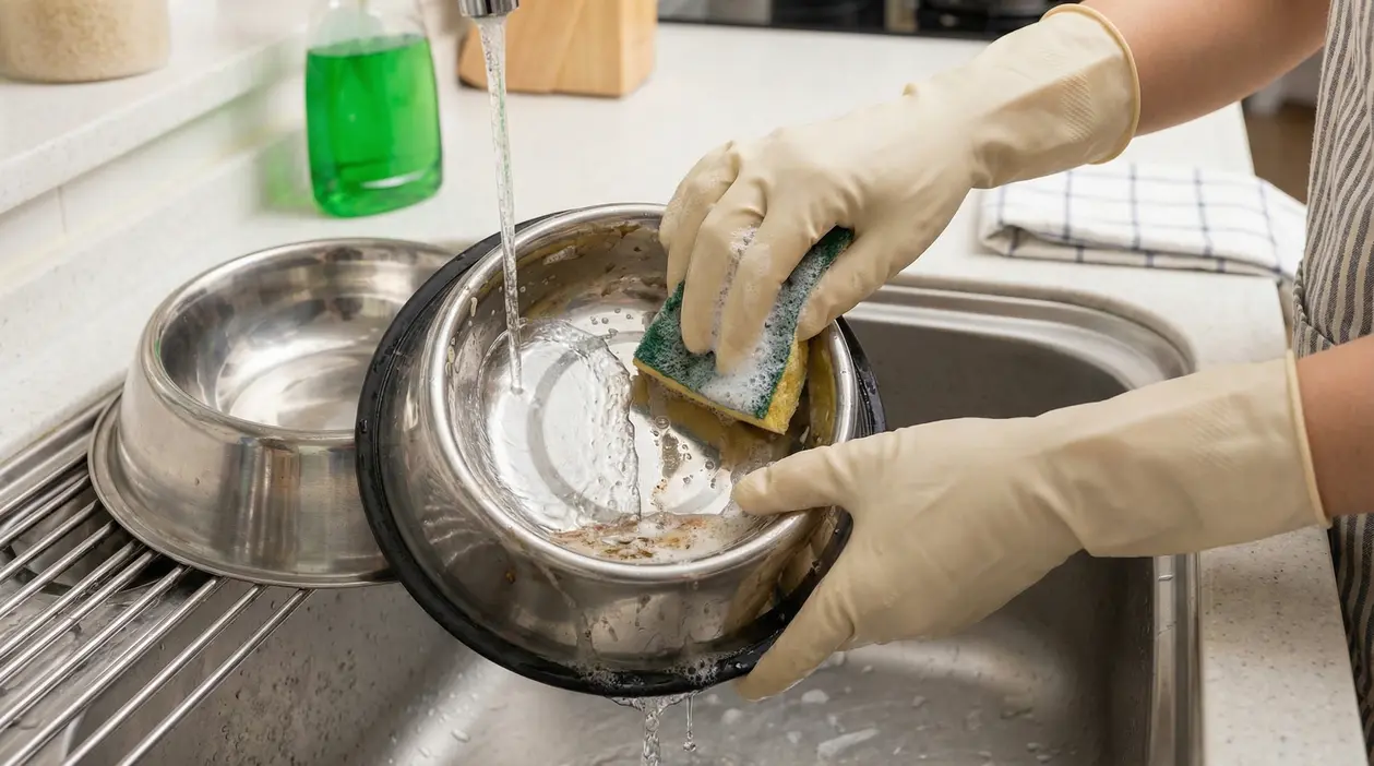 Una persona lava una ciotola per cani in acciaio inox con una spugna sotto l'acqua corrente.