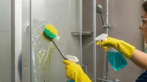 Persona pulisce una parete di vetro della doccia con detergente e spazzola