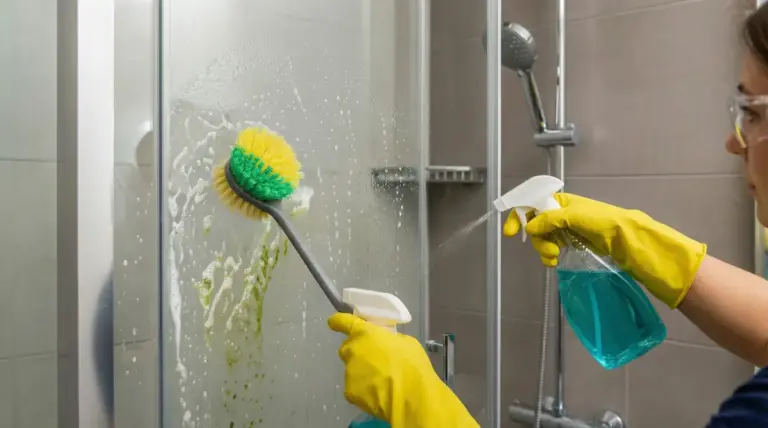 Persona pulisce una parete di vetro della doccia con detergente e spazzola