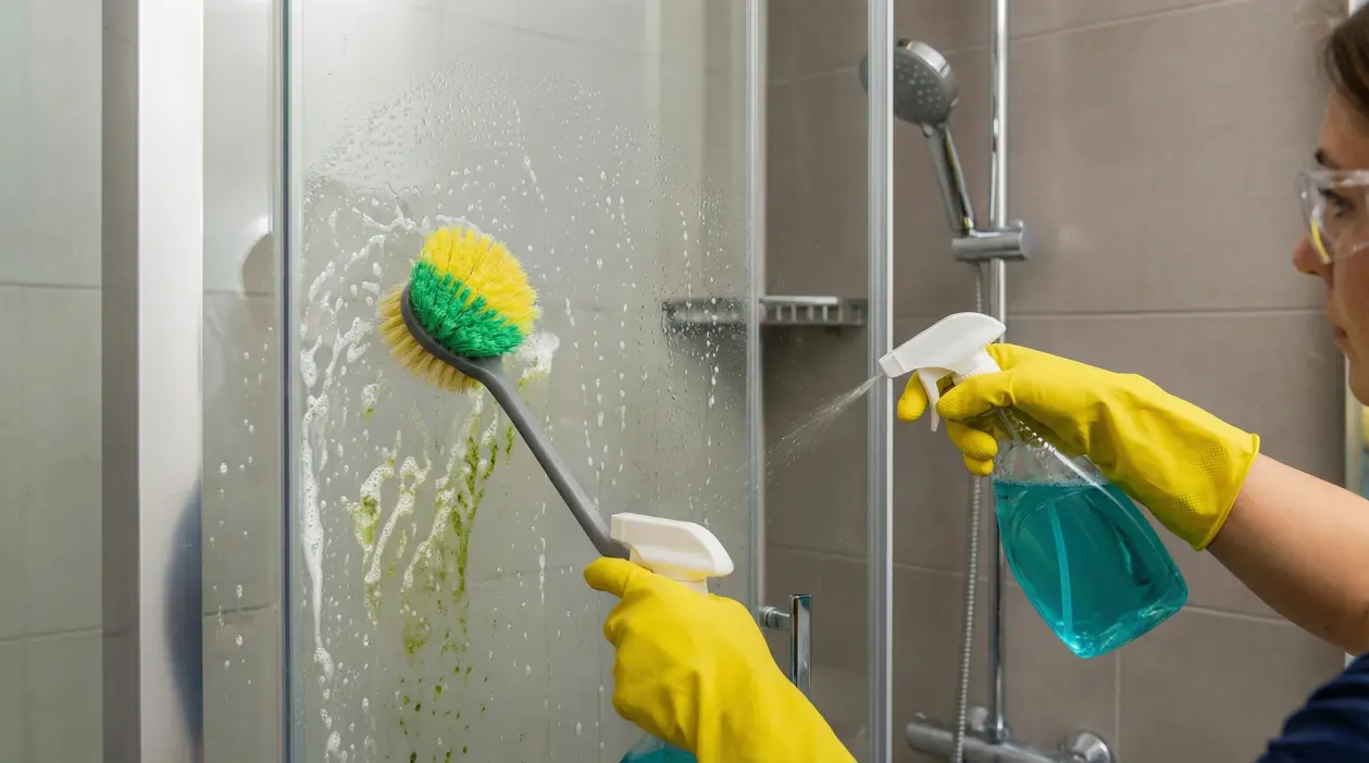 Persona pulisce una parete di vetro della doccia con detergente e spazzola