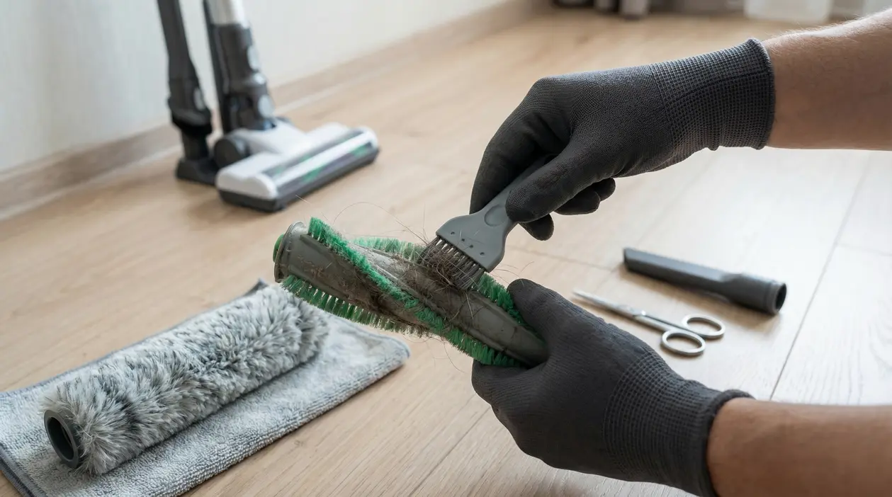 Mani con guanti che puliscono la spazzola rotante di un aspirapolvere rimuovendo capelli con un pettine