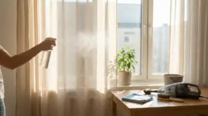 Una persona spruzza un liquido su tende leggere vicino a una finestra illuminata dal sole