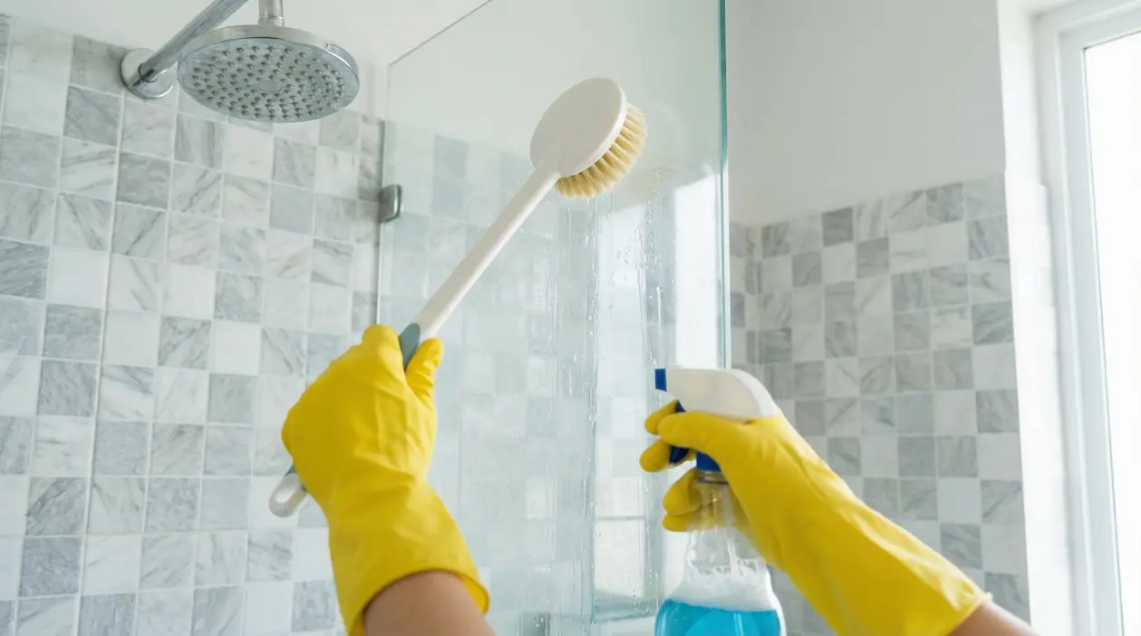 Persona con guanti gialli pulisce il box doccia con spazzola e detergente