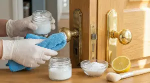 Una persona pulisce una maniglia in ottone con un panno azzurro e prodotti naturali