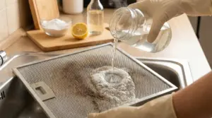 Pulizia di un filtro della cappa con miscela naturale in un lavandino