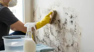 Persona che pulisce un muro con muffa utilizzando una spazzola e guanti di gomma