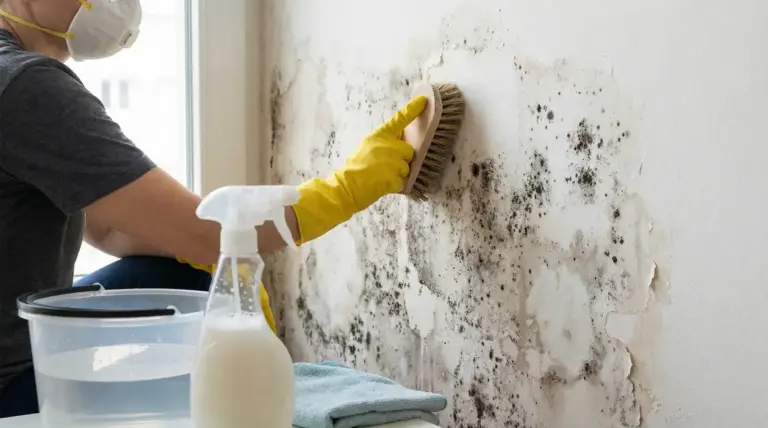 Persona che pulisce un muro con muffa utilizzando una spazzola e guanti di gomma