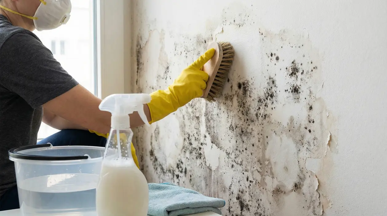 Persona che pulisce un muro con muffa utilizzando una spazzola e guanti di gomma