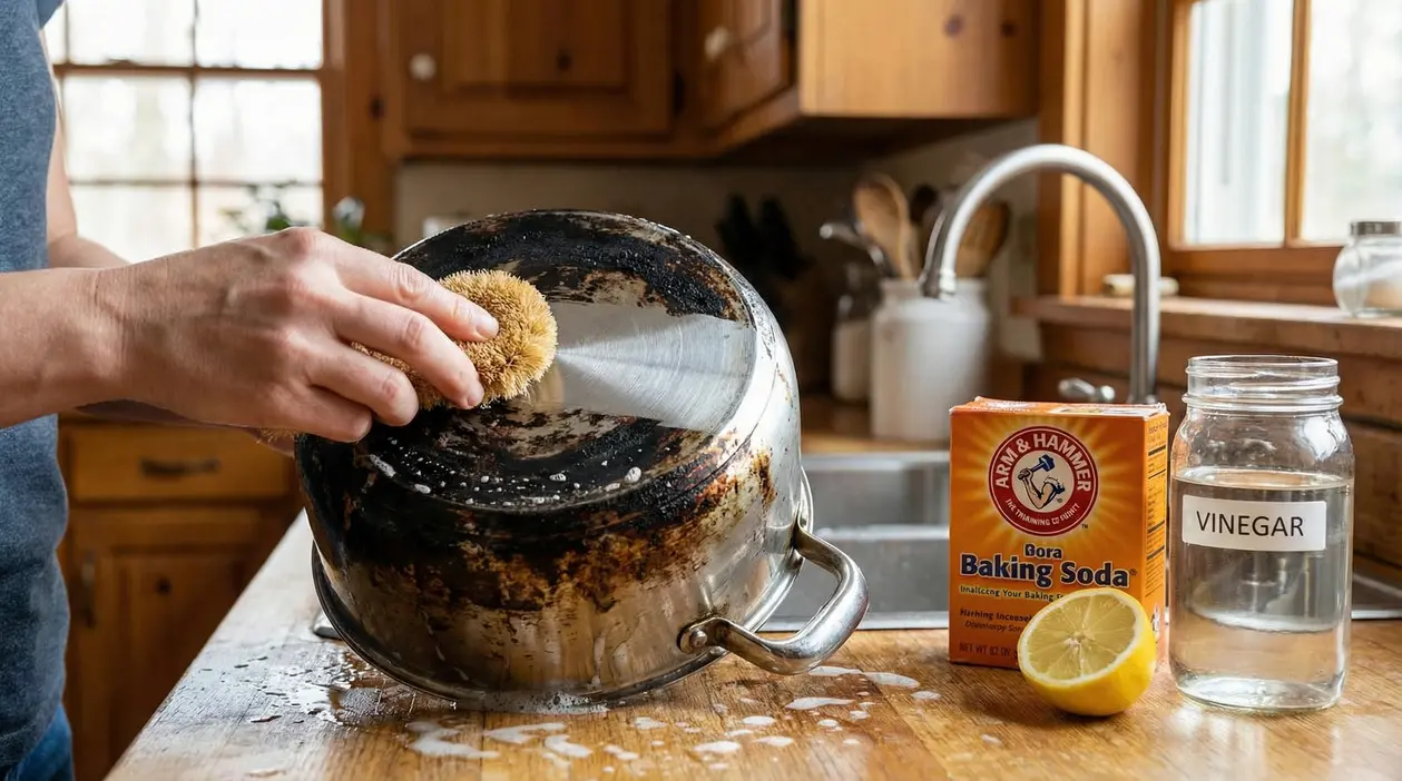 Una mano pulisce il fondo annerito di una pentola con una spazzola in una cucina