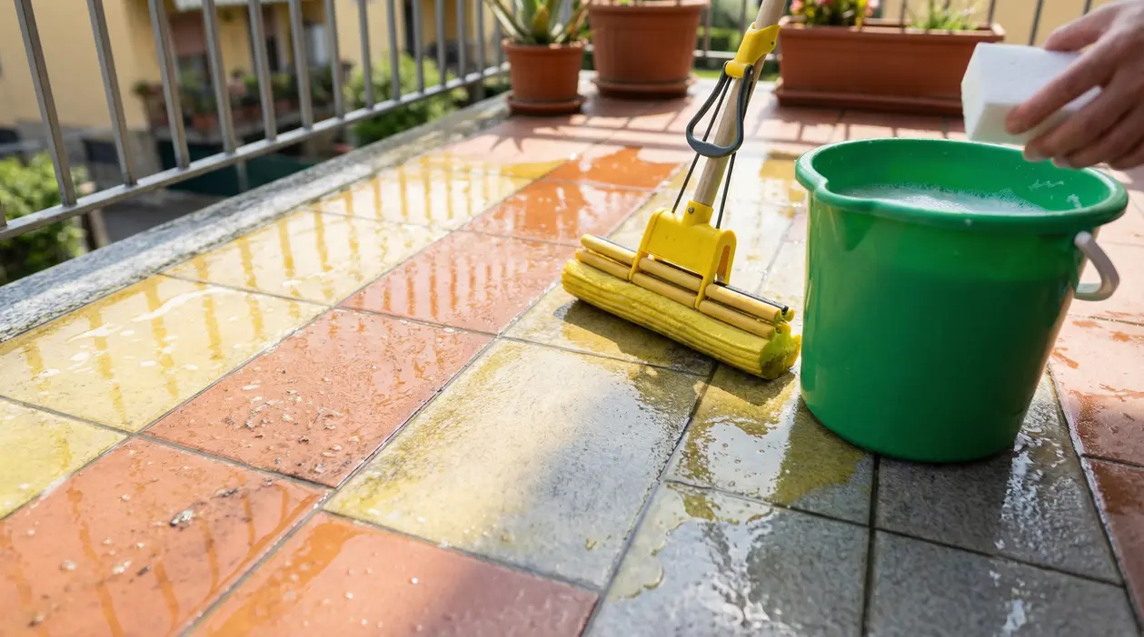 Pulizia delle piastrelle del balcone con secchio verde e spugna