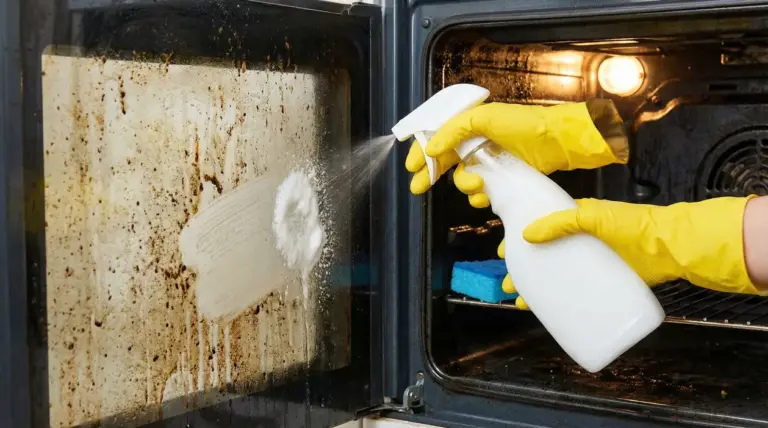 Persona con guanti gialli spruzza detergente sulla porta incrostata di un forno aperto