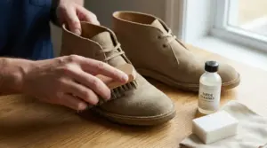 Una persona pulisce una scarpa in camoscio con una spazzola su un tavolo di legno