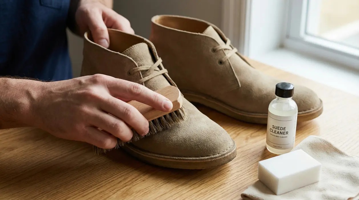 Una persona pulisce una scarpa in camoscio con una spazzola su un tavolo di legno
