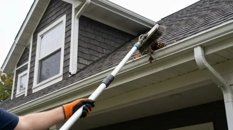 Una persona pulisce le grondaie con una spazzola telescopica da terra